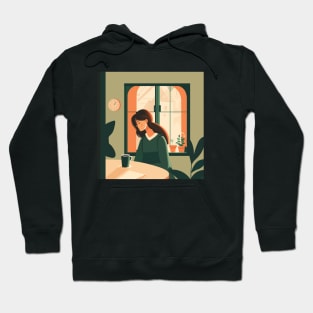 Illustration of handsome woman sitting with cup of coffee near window with view of city Hoodie